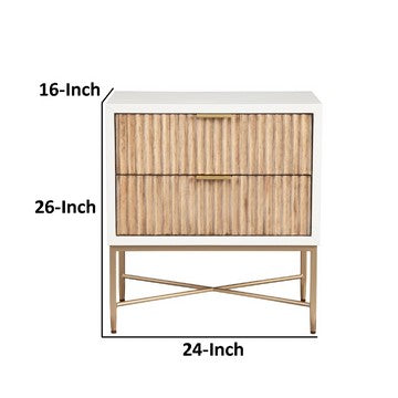Benjara Eli 26 Inch 2 Drawer Nightstand, Corrugated Panels, Gold Metal Frame, White