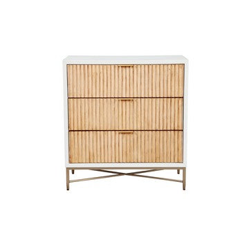 Benjara Eli 34 Inch 3 Drawer Small Dresser Nightstand, Corrugated Panels, White, Gold
