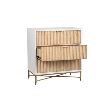 Benjara Eli 34 Inch 3 Drawer Small Dresser Nightstand, Corrugated Panels, White, Gold