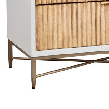 Benjara Eli 34 Inch 3 Drawer Small Dresser Nightstand, Corrugated Panels, White, Gold