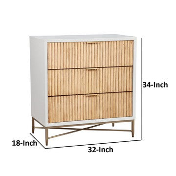 Benjara Eli 34 Inch 3 Drawer Small Dresser Nightstand, Corrugated Panels, White, Gold