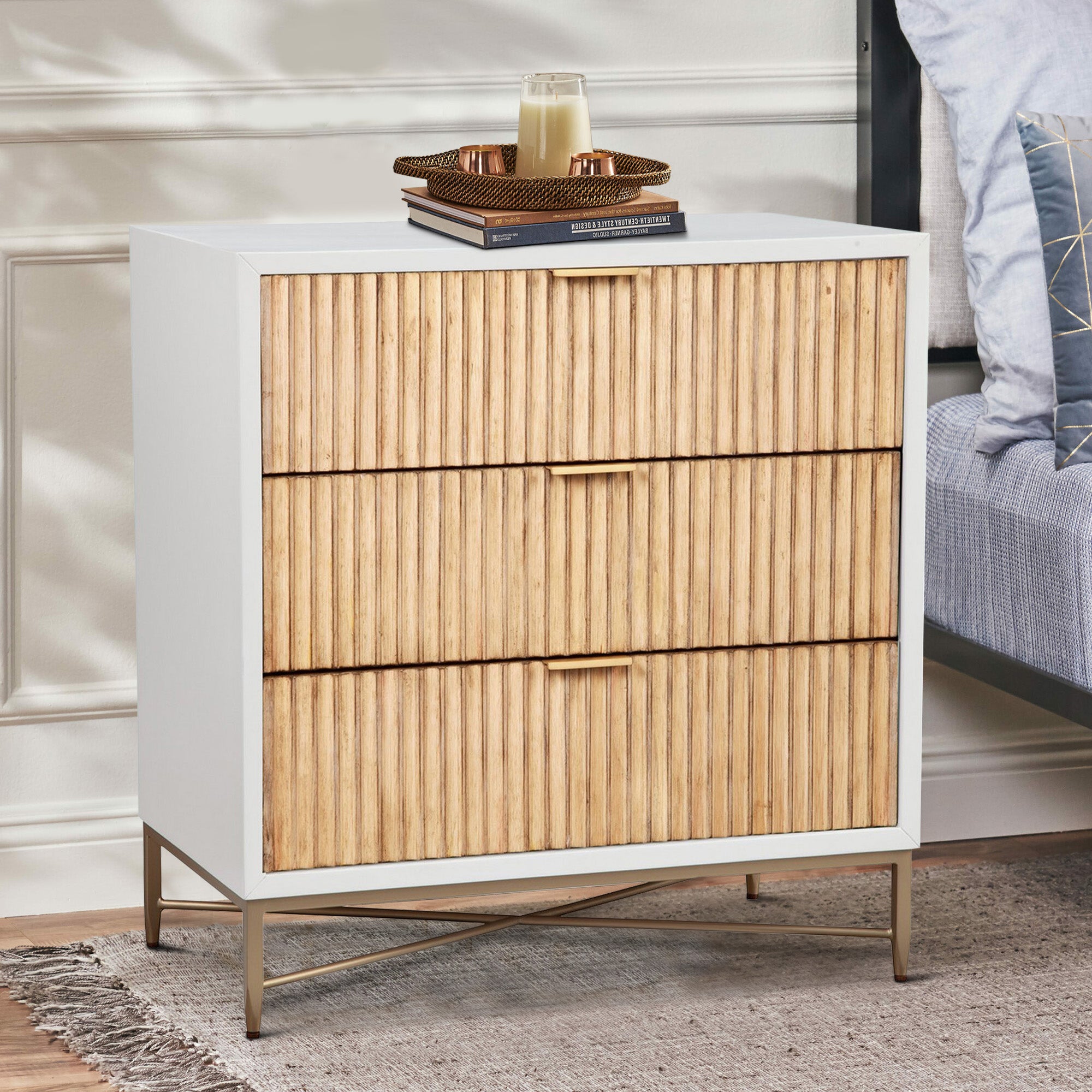 Benjara Eli 34 Inch 3 Drawer Small Dresser Nightstand, Corrugated Panels, White, Gold
