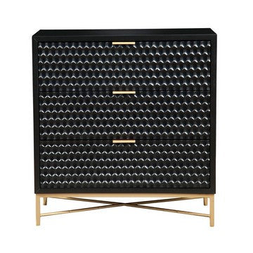 Benjara Rexi 34 Inch 3 Drawer Small Dresser Chest, Honeycomb Panels, Black, Gold