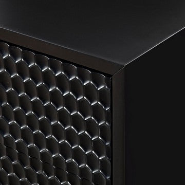 Benjara Rexi 34 Inch 3 Drawer Small Dresser Chest, Honeycomb Panels, Black, Gold