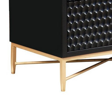 Benjara Rexi 34 Inch 3 Drawer Small Dresser Chest, Honeycomb Panels, Black, Gold