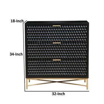 Benjara Rexi 34 Inch 3 Drawer Small Dresser Chest, Honeycomb Panels, Black, Gold