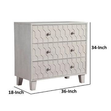 Benjara Rue 36 Inch 3 Dresser Drawer Chest, Textured Honeycomb Design, Light Gray