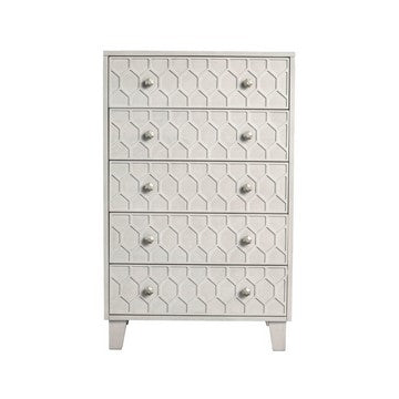 Benjara Rue 48 Inch 5 Drawer Dresser Chest, Textured Honeycomb Design, Light Gray