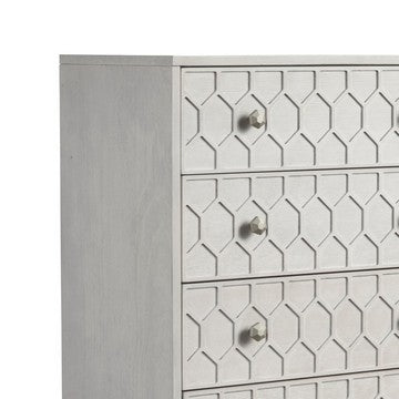 Benjara Rue 48 Inch 5 Drawer Dresser Chest, Textured Honeycomb Design, Light Gray