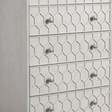 Benjara Rue 48 Inch 5 Drawer Dresser Chest, Textured Honeycomb Design, Light Gray