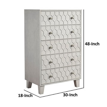 Benjara Rue 48 Inch 5 Drawer Dresser Chest, Textured Honeycomb Design, Light Gray
