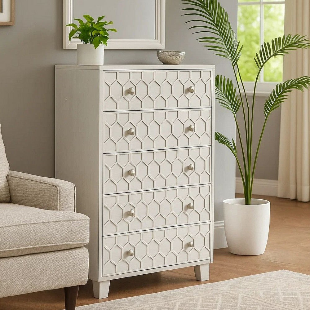 Benjara Rue 48 Inch 5 Drawer Dresser Chest, Textured Honeycomb Design, Light Gray