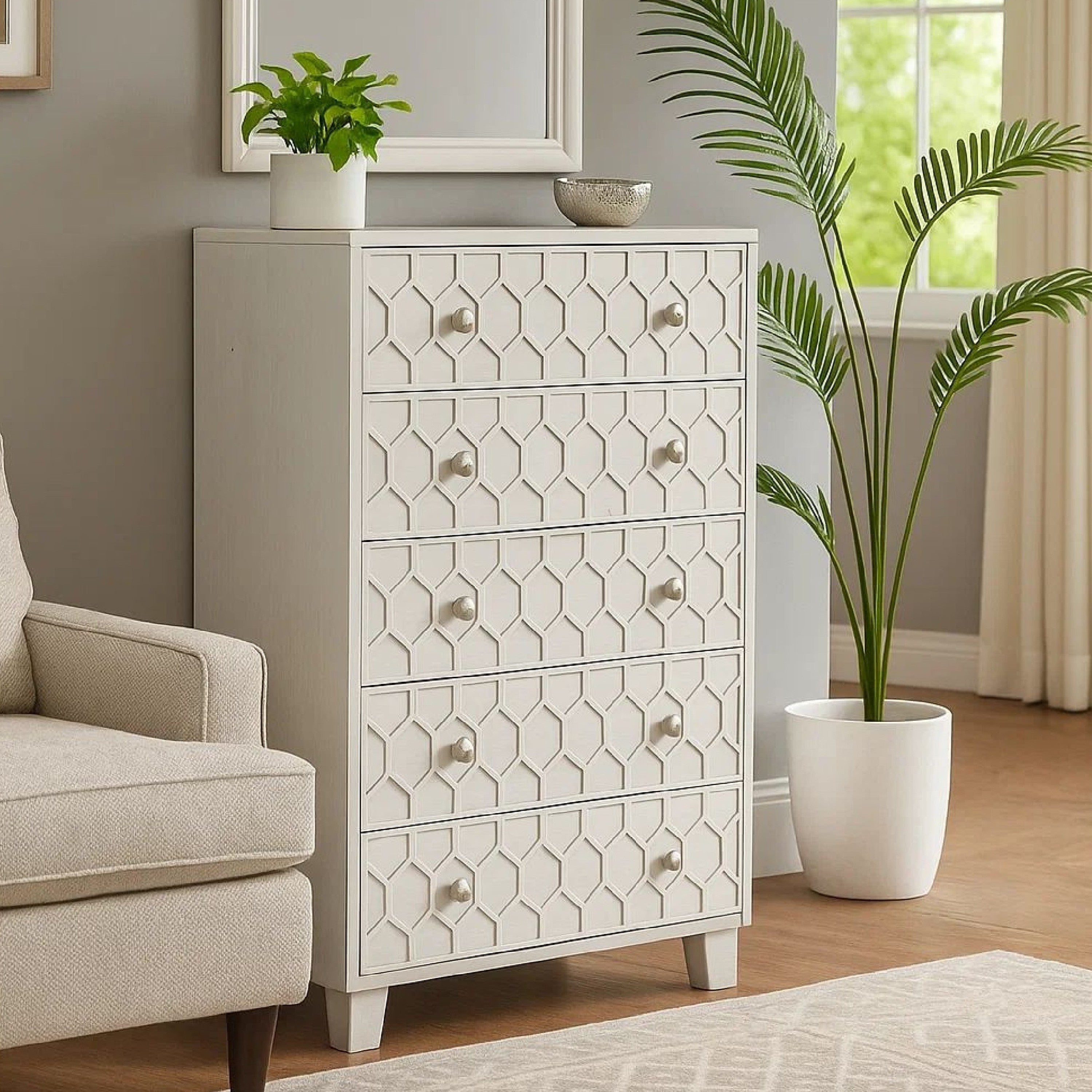 Benjara Rue 48 Inch 5 Drawer Dresser Chest, Textured Honeycomb Design, Light Gray