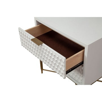Benjara Rexi 26 Inch 2 Drawer Nightstand, Honeycomb, Mahogany Wood, White, Gold
