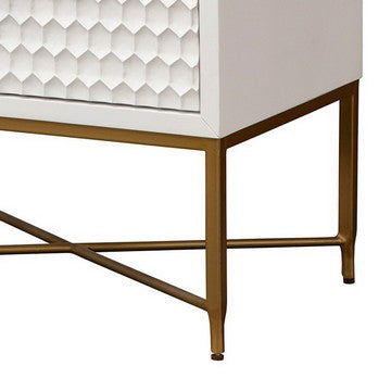 Benjara Rexi 26 Inch 2 Drawer Nightstand, Honeycomb, Mahogany Wood, White, Gold