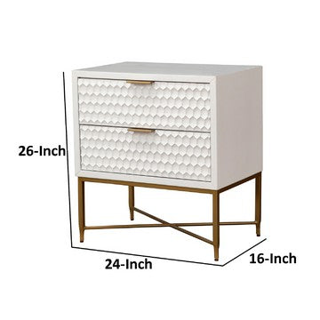 Benjara Rexi 26 Inch 2 Drawer Nightstand, Honeycomb, Mahogany Wood, White, Gold
