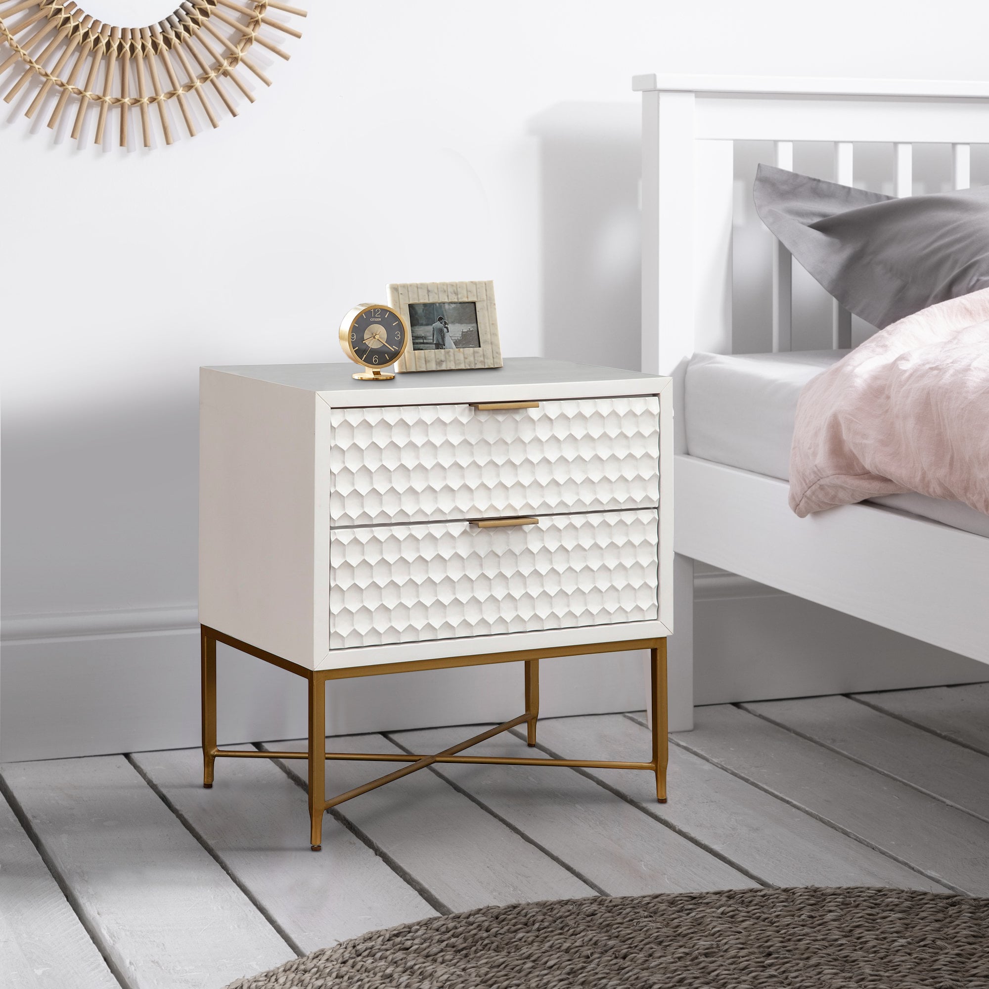 Benjara Rexi 26 Inch 2 Drawer Nightstand, Honeycomb, Mahogany Wood, White, Gold