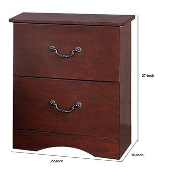 Benjara Bran 27 Inch 2 Drawer Nightstand, Pine Wood, Grain Details, Cherry Brown