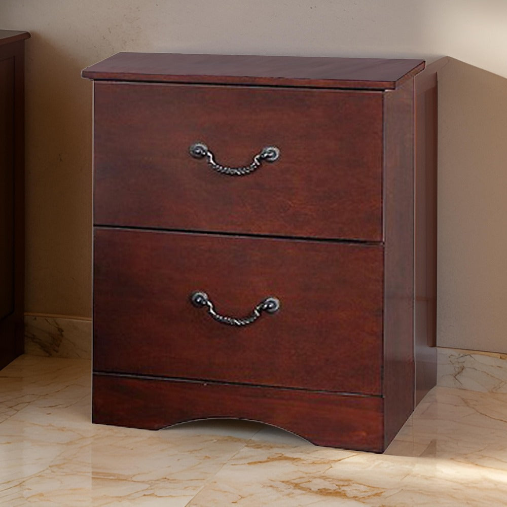 Benjara Bran 27 Inch 2 Drawer Nightstand, Pine Wood, Grain Details, Cherry Brown