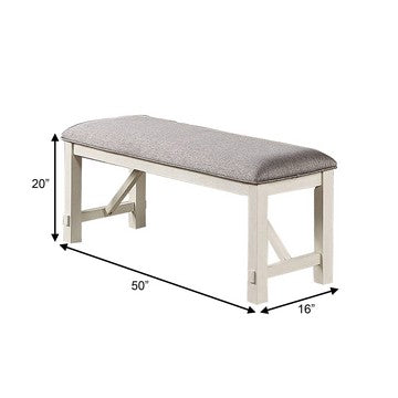 Benjara Lexi 50 Inch Dining Bench, Fabric Padded Seat, Rubberwood, Gray And White