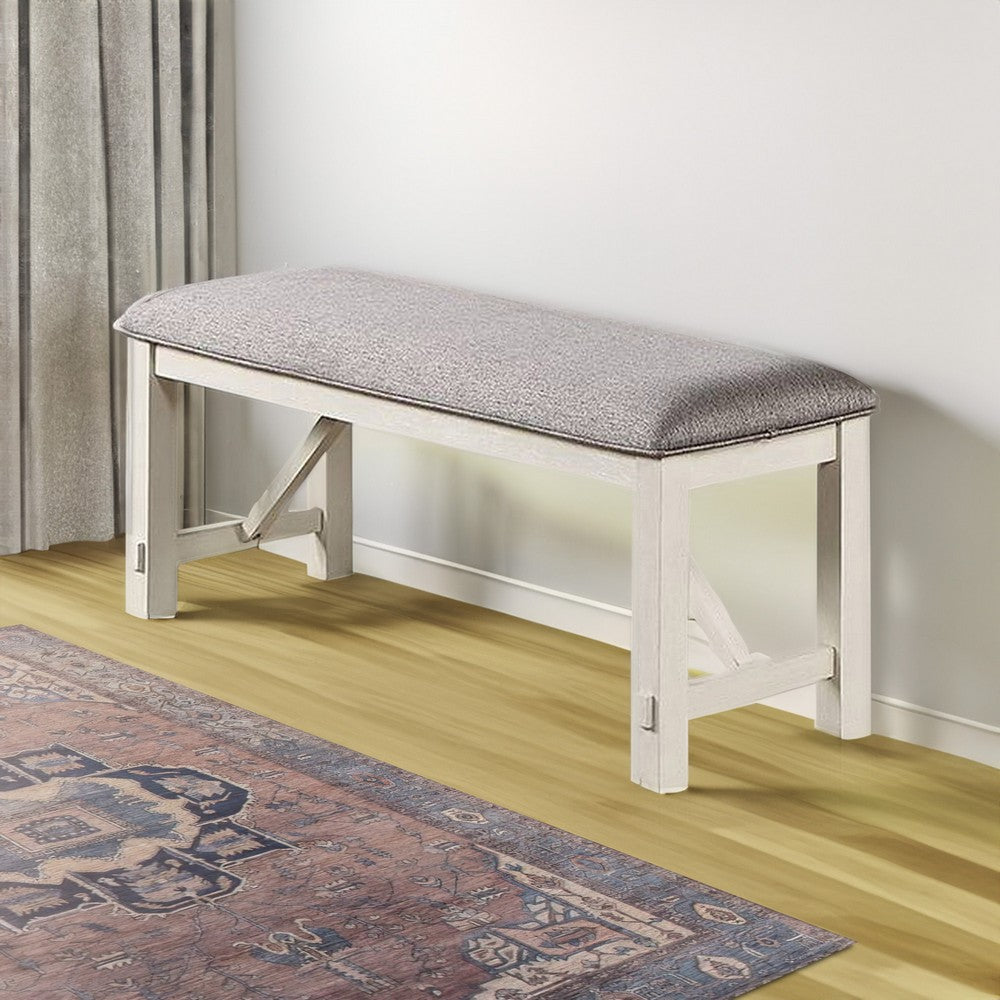 Benjara Lexi 50 Inch Dining Bench, Fabric Padded Seat, Rubberwood, Gray And White