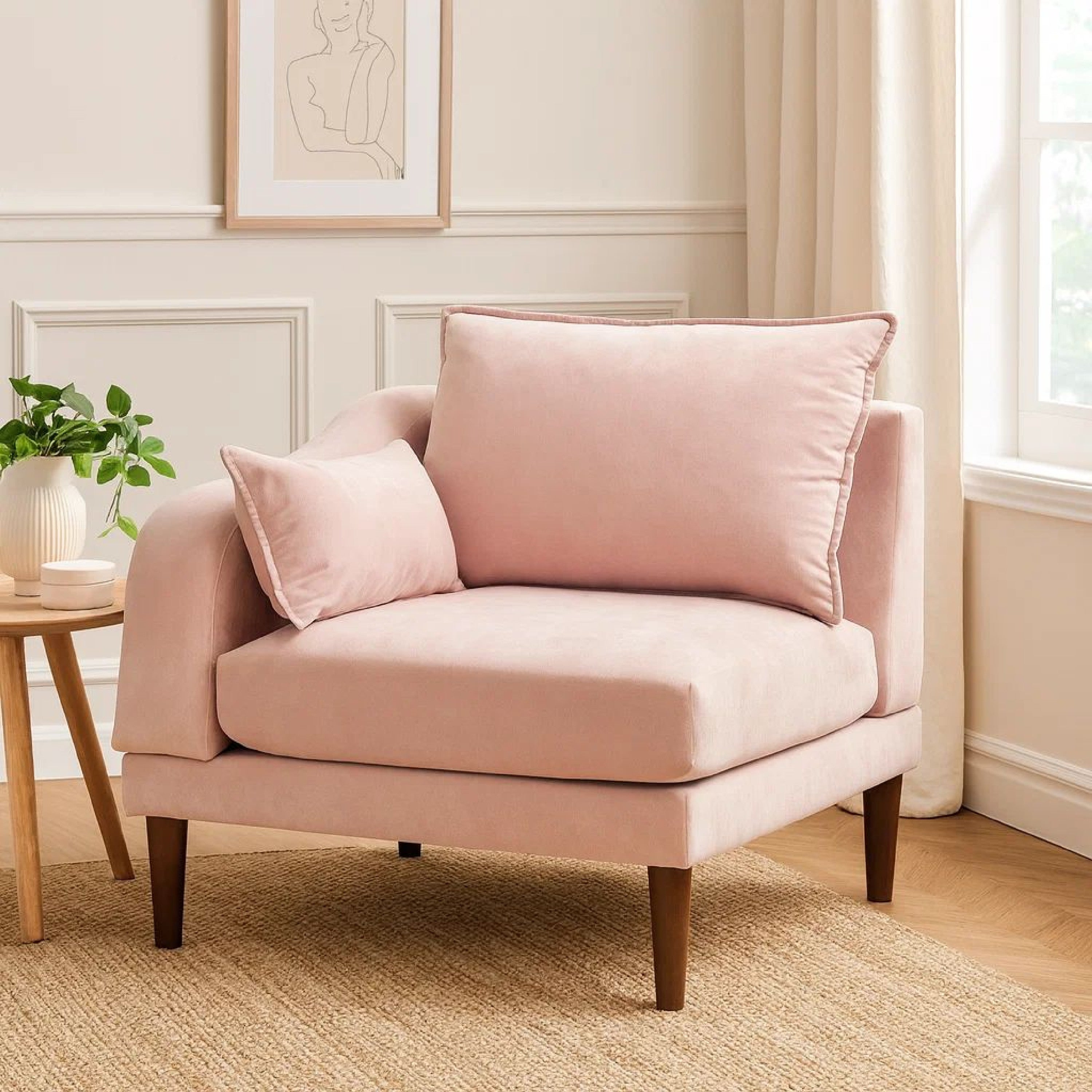 Benjara Rio 33 Inch Modular Single Arm Corner Chair, 2 Lumbar Cushions, Blush Pink