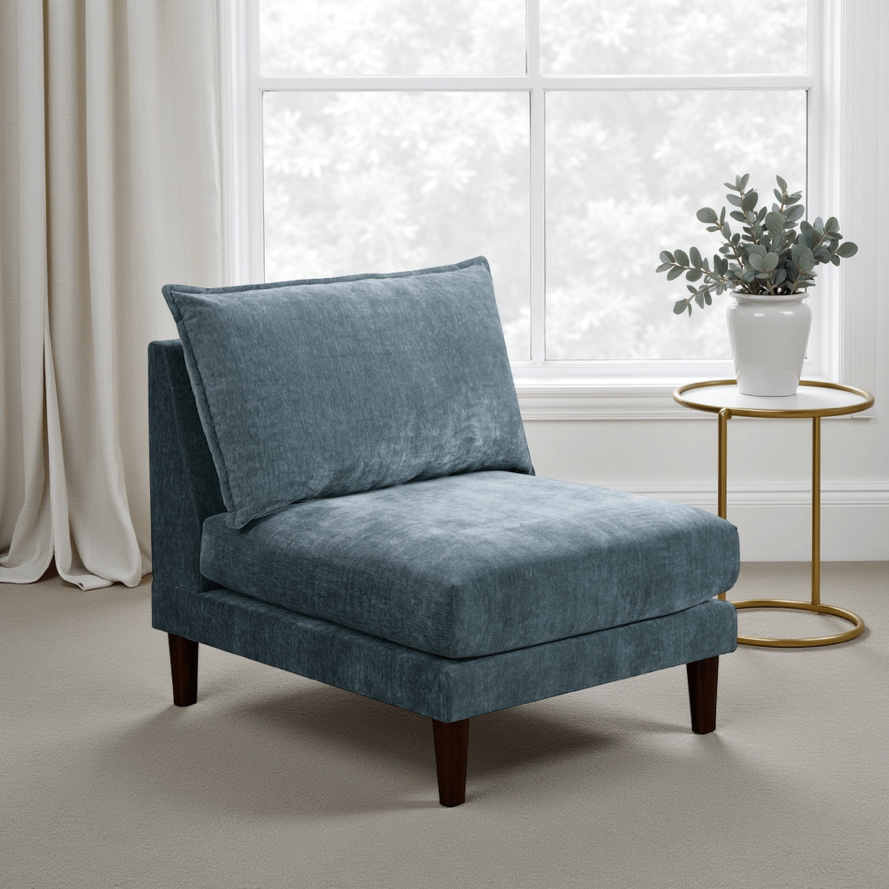 Benjara Rio 33 Inch Modular Armless Sofa Chair, Lumbar Cushion, Slate Blue Fabric