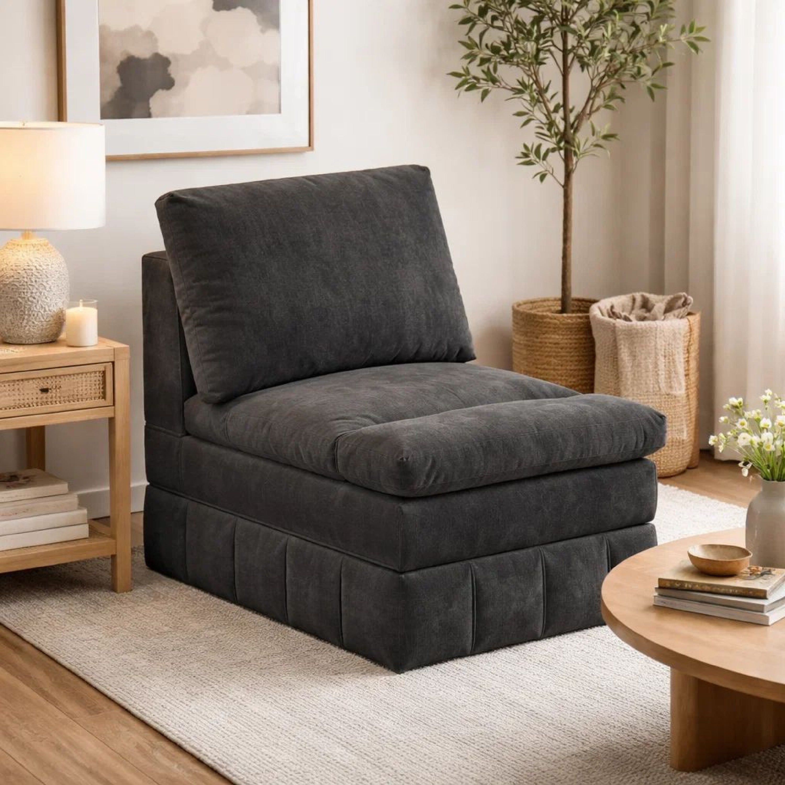 Benjara Luna 35 Inch Modular Armless Chair, 3 Layer Plush Cushion Seat, Dark Gray