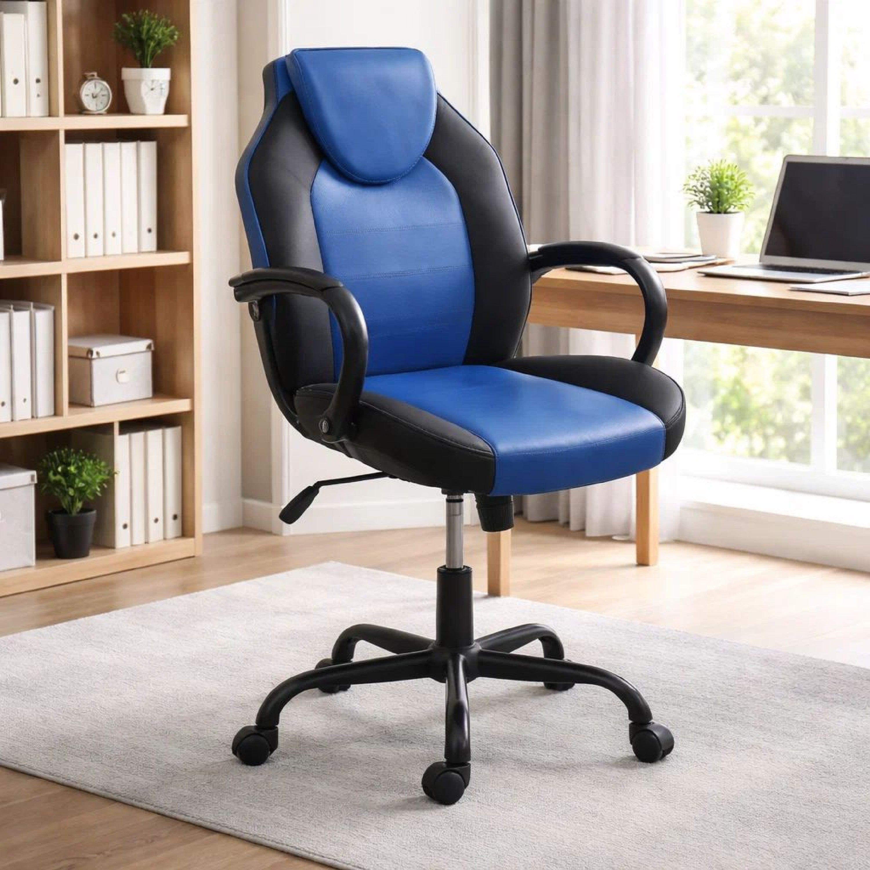 Benjara Rue 27 Inch Ergonomic Office Chair, Faux Leather Swivel Seat, Black, Blue