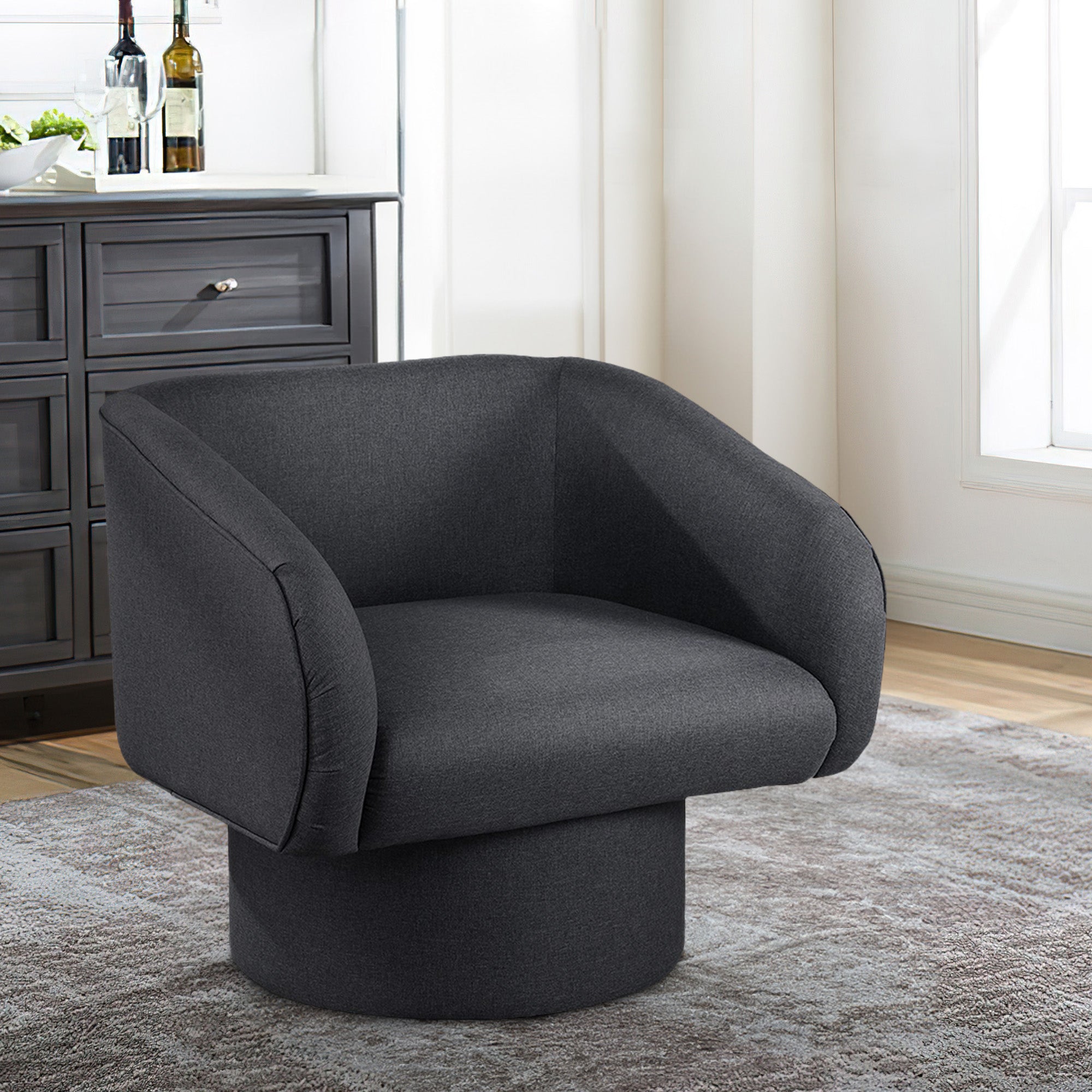 Benjara Tim 30 Inch Fabric Upholstered Accent Chair, 360 Swivel Seat, Gray