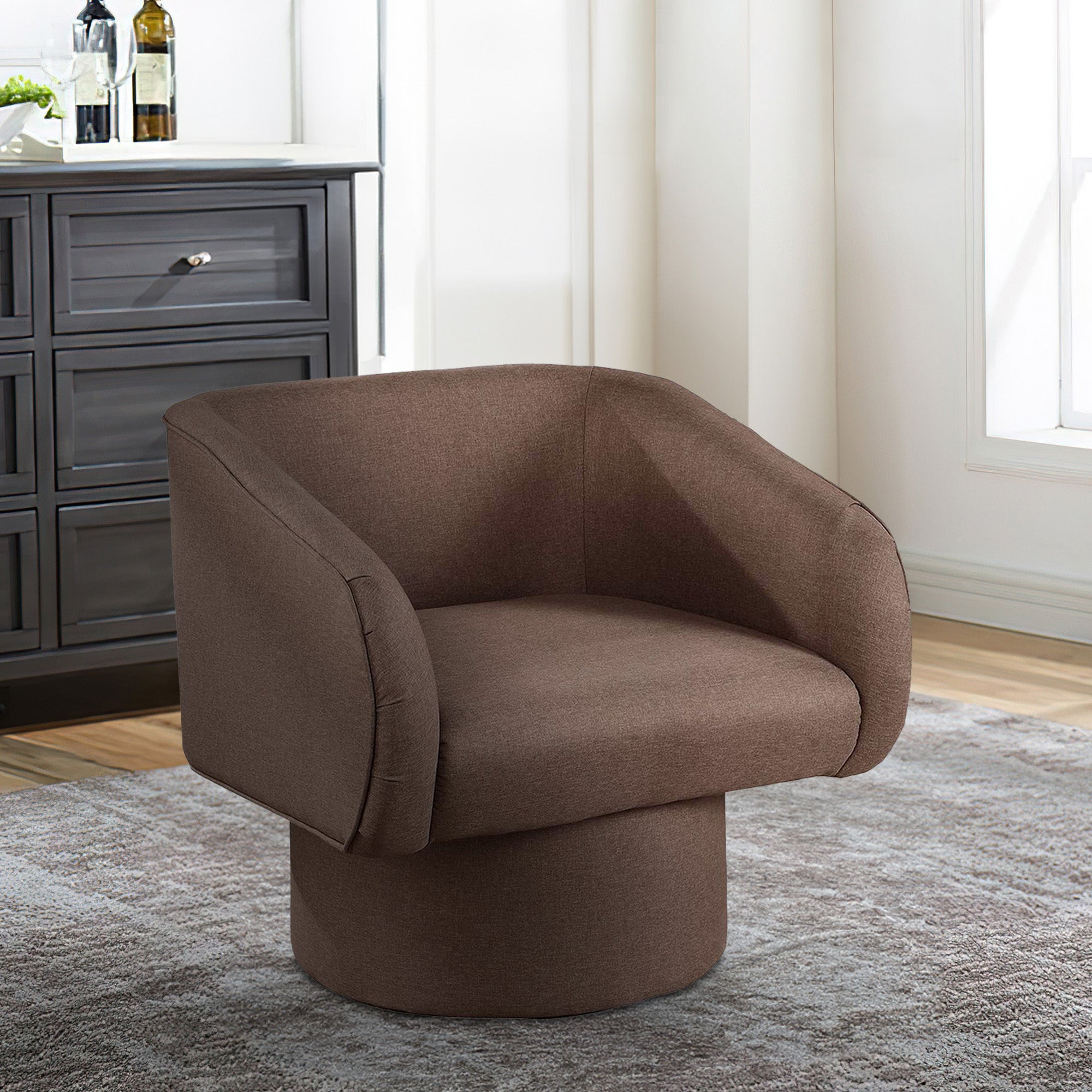 Benjara Tim 30 Inch Fabric Upholstered Accent Chair, 360 Swivel Seat, Brown