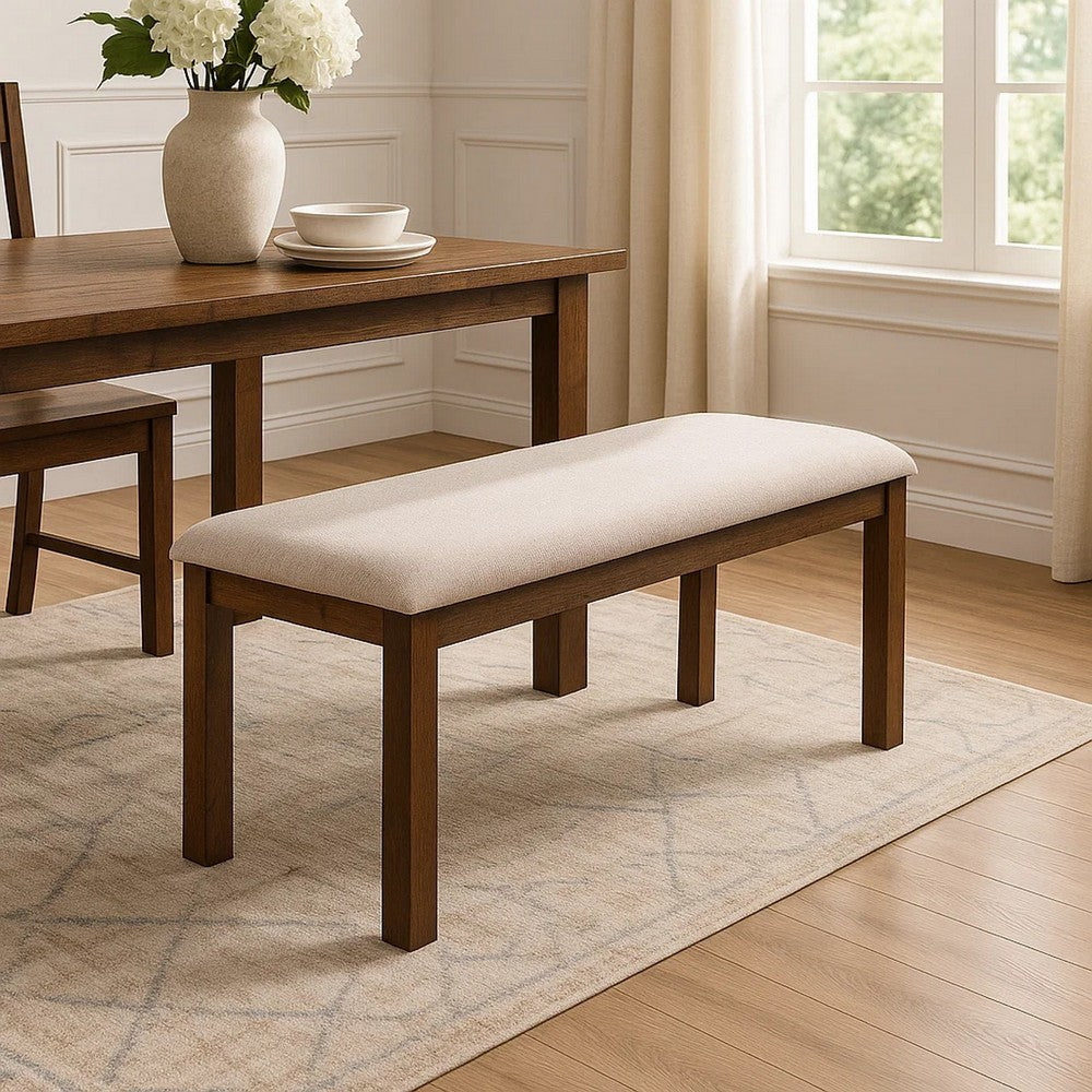 Benjara 48 Inch Classic Fabric Upholstered Dining Bench, Pine Wood, Ivory And Brown