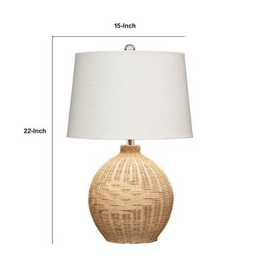 Benjara Cape 22 Inch Contemporary Rattan Table Lamp, Hand Woven, Linen Shade, Brown