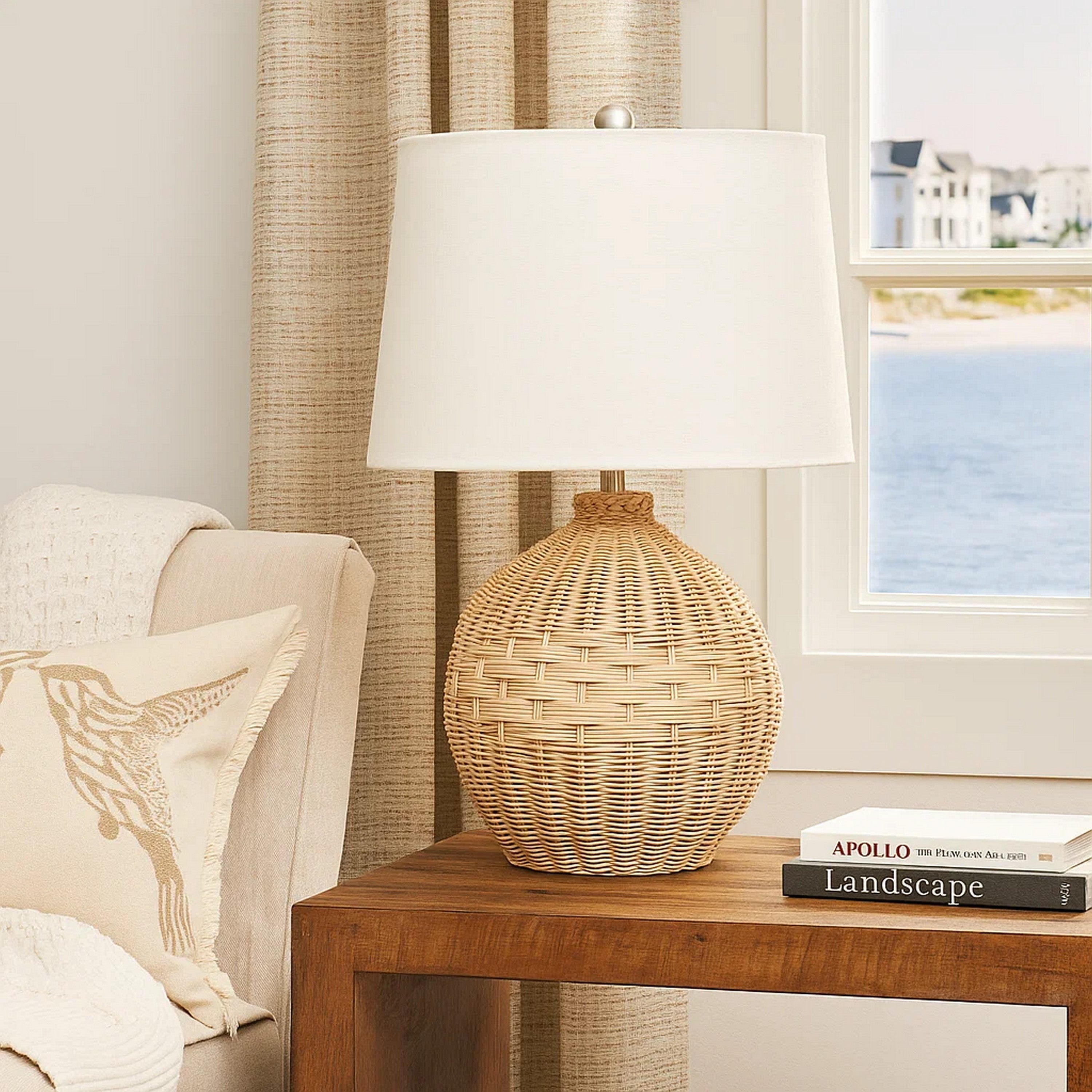 Benjara Cape 22 Inch Contemporary Rattan Table Lamp, Hand Woven, Linen Shade, Brown