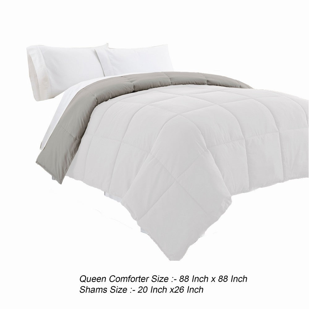 The Urban Port Beth Reversible Microfiber Queen Comforter, Squared Stitching, White, Gray