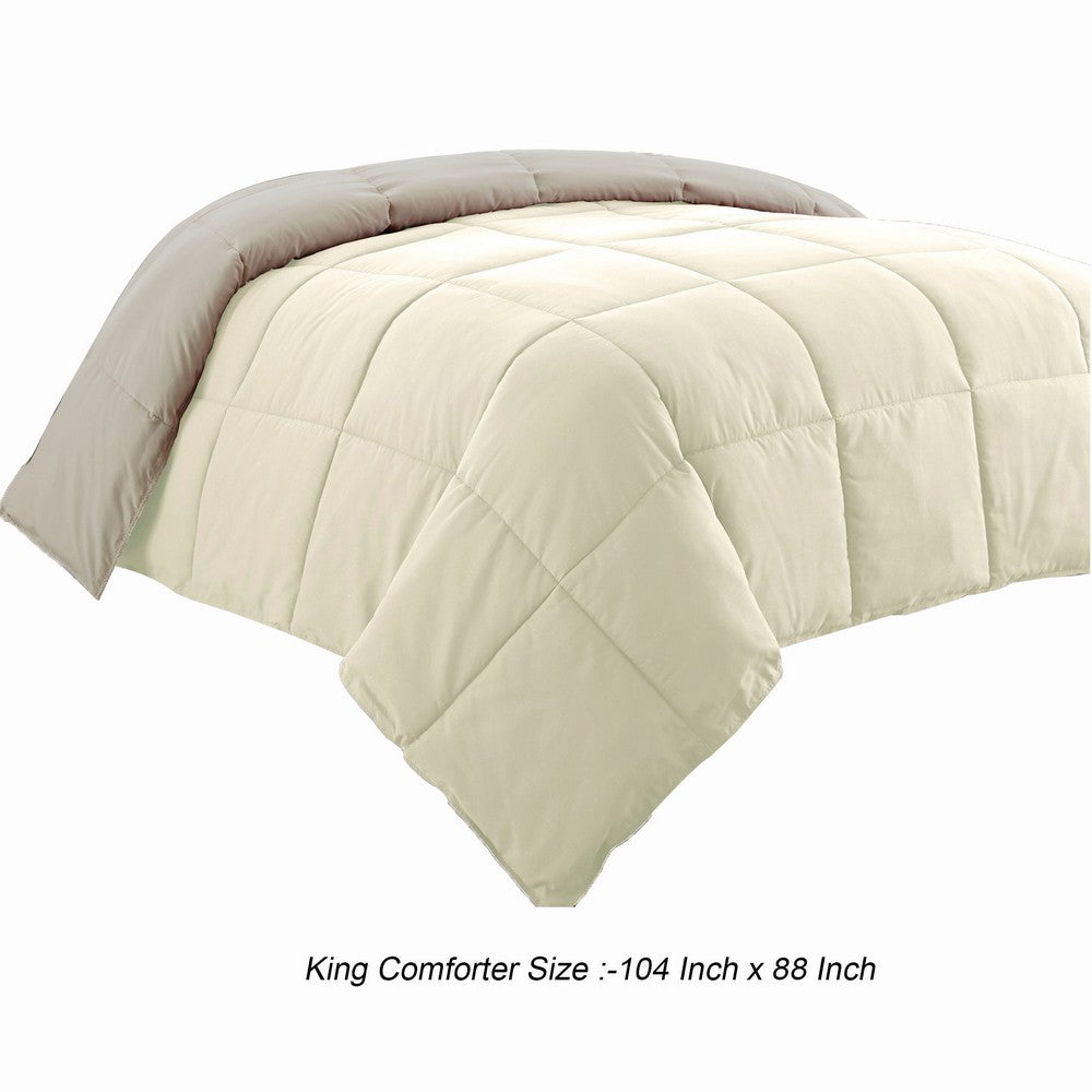 The Urban Port Beth Reversible Microfiber King Comforter, Squared Stitching, Ivory, Beige