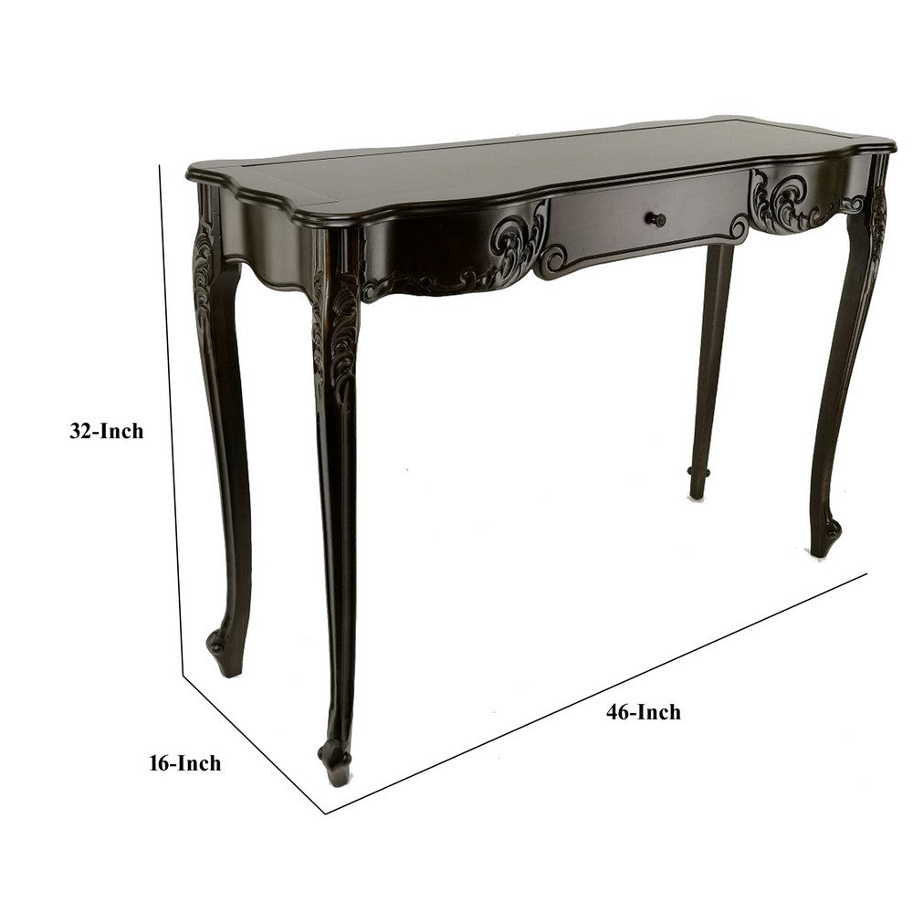 Benjara Troy 32 Inch Classic Wood Console Table, 1 Drawer, Floral Cared, Brown