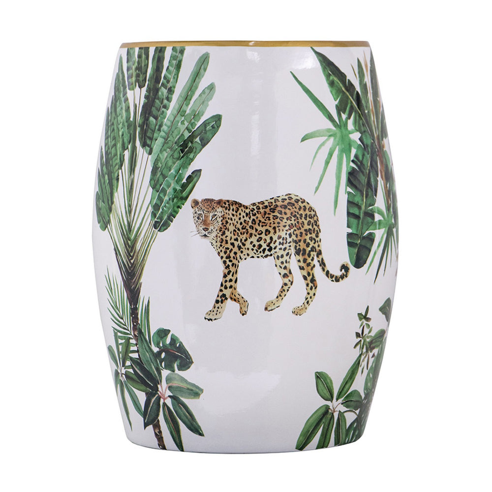 Benjara 18 Inch Ceramic Accent Table, Drum Shape, Tropical Print, White, Green