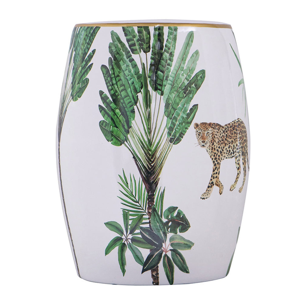 Benjara 18 Inch Ceramic Accent Table, Drum Shape, Tropical Print, White, Green