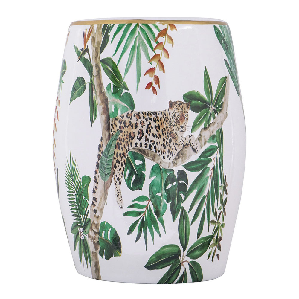 Benjara 18 Inch Ceramic Accent Table, Drum Shape, Tropical Print, White, Green