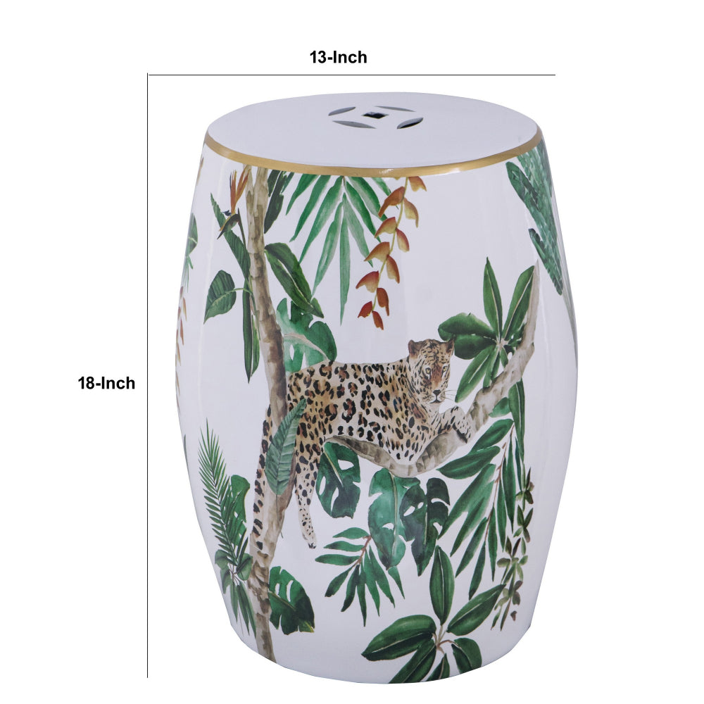 Benjara 18 Inch Ceramic Accent Table, Drum Shape, Tropical Print, White, Green