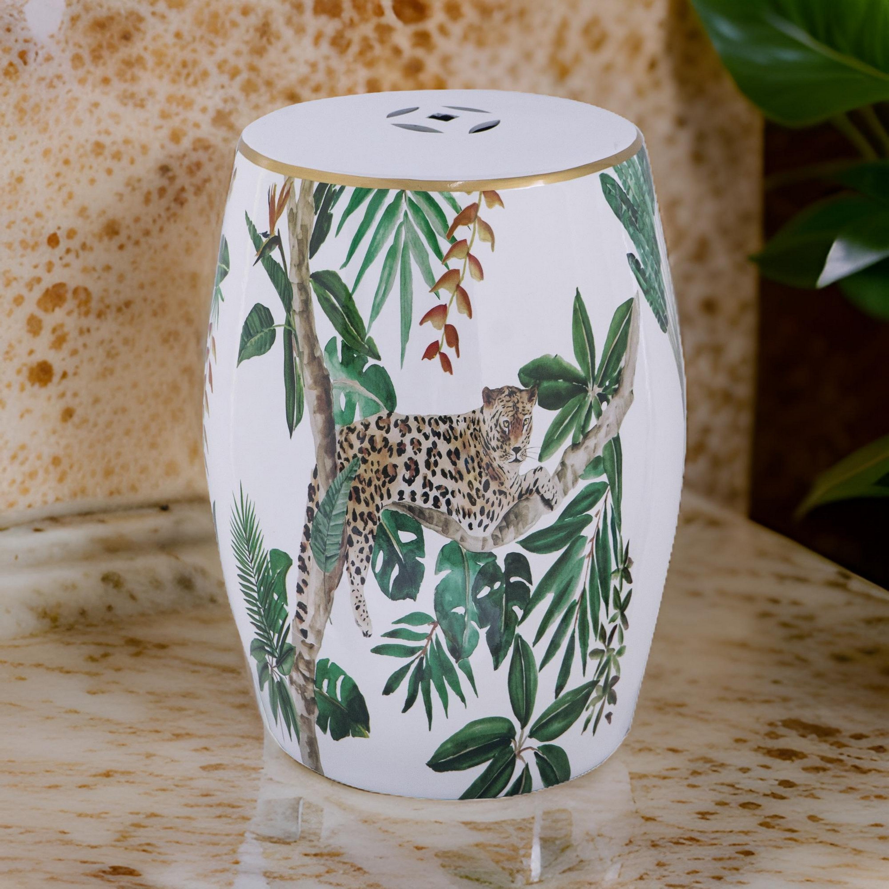 Benjara 18 Inch Ceramic Accent Table, Drum Shape, Tropical Print, White, Green