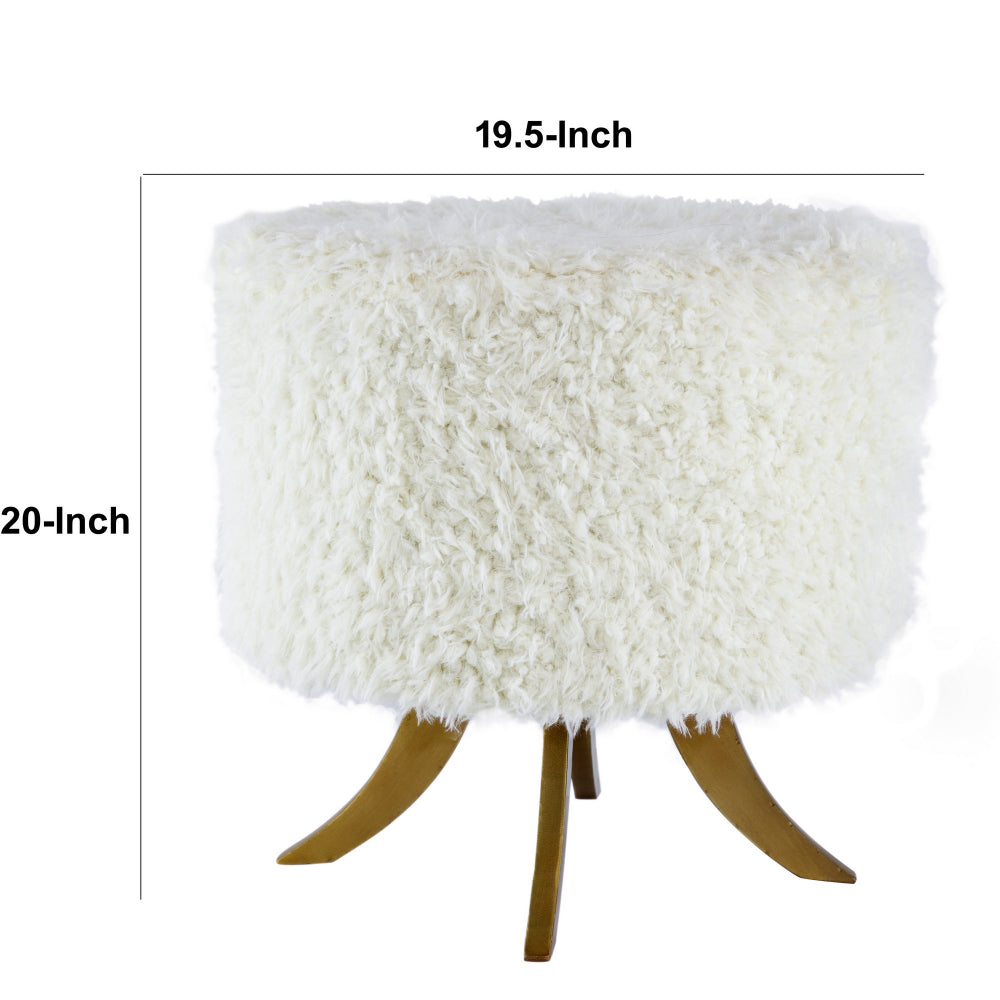 Benjara 20 Inch Ottoman, Foam Filled, Shearling Fabric, Wood Frame, White, Brown
