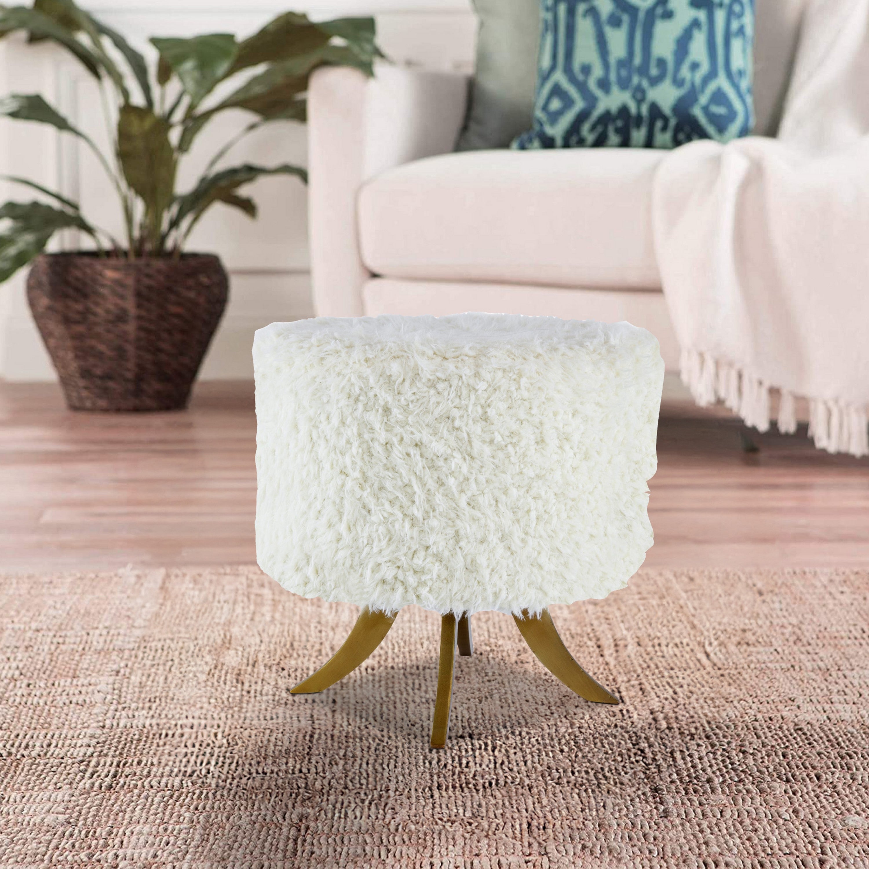 Benjara 20 Inch Ottoman, Foam Filled, Shearling Fabric, Wood Frame, White, Brown