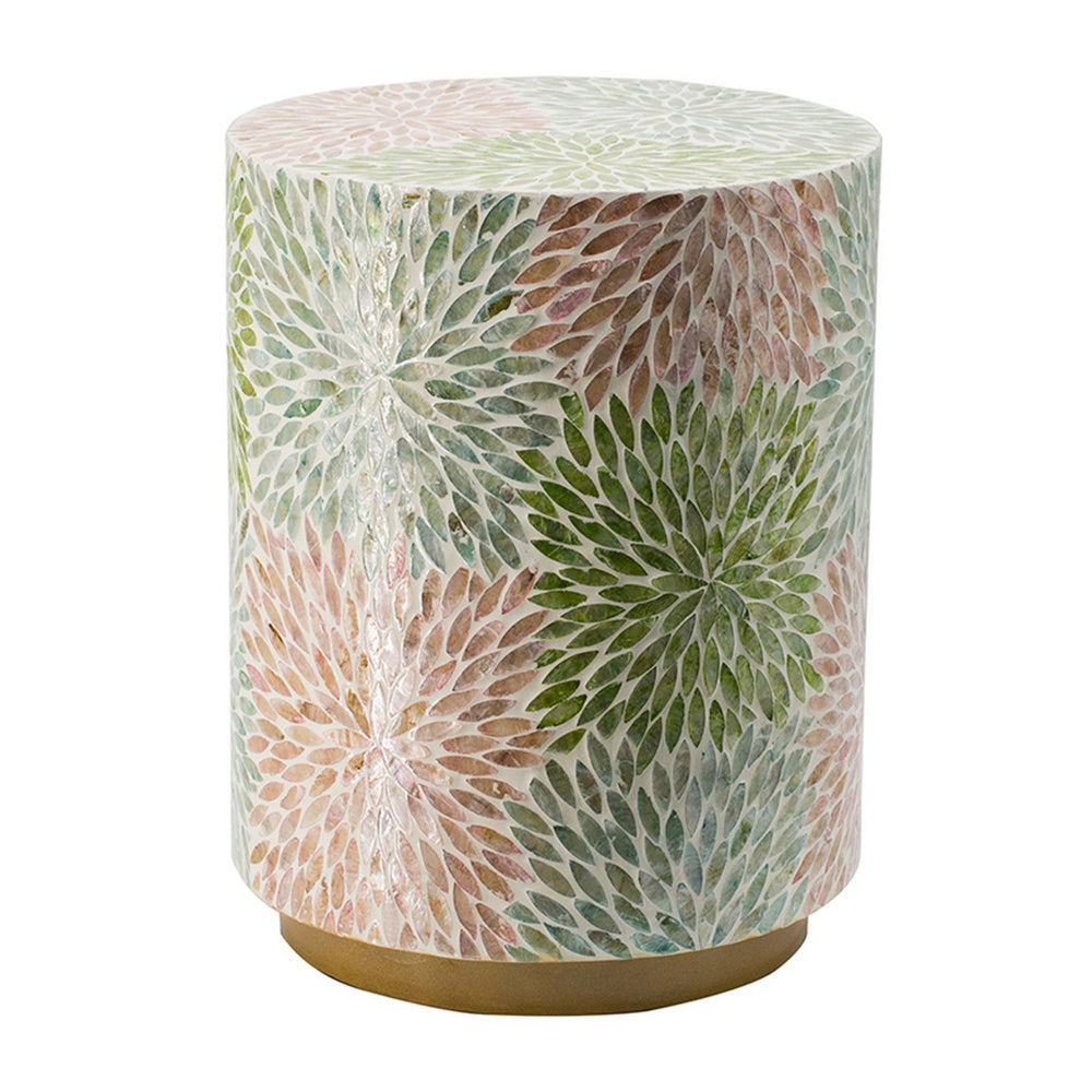 Benjara 14 Inch Cylindrical Capiz Shell Accent Table Stool, Elegant Leaves Pattern