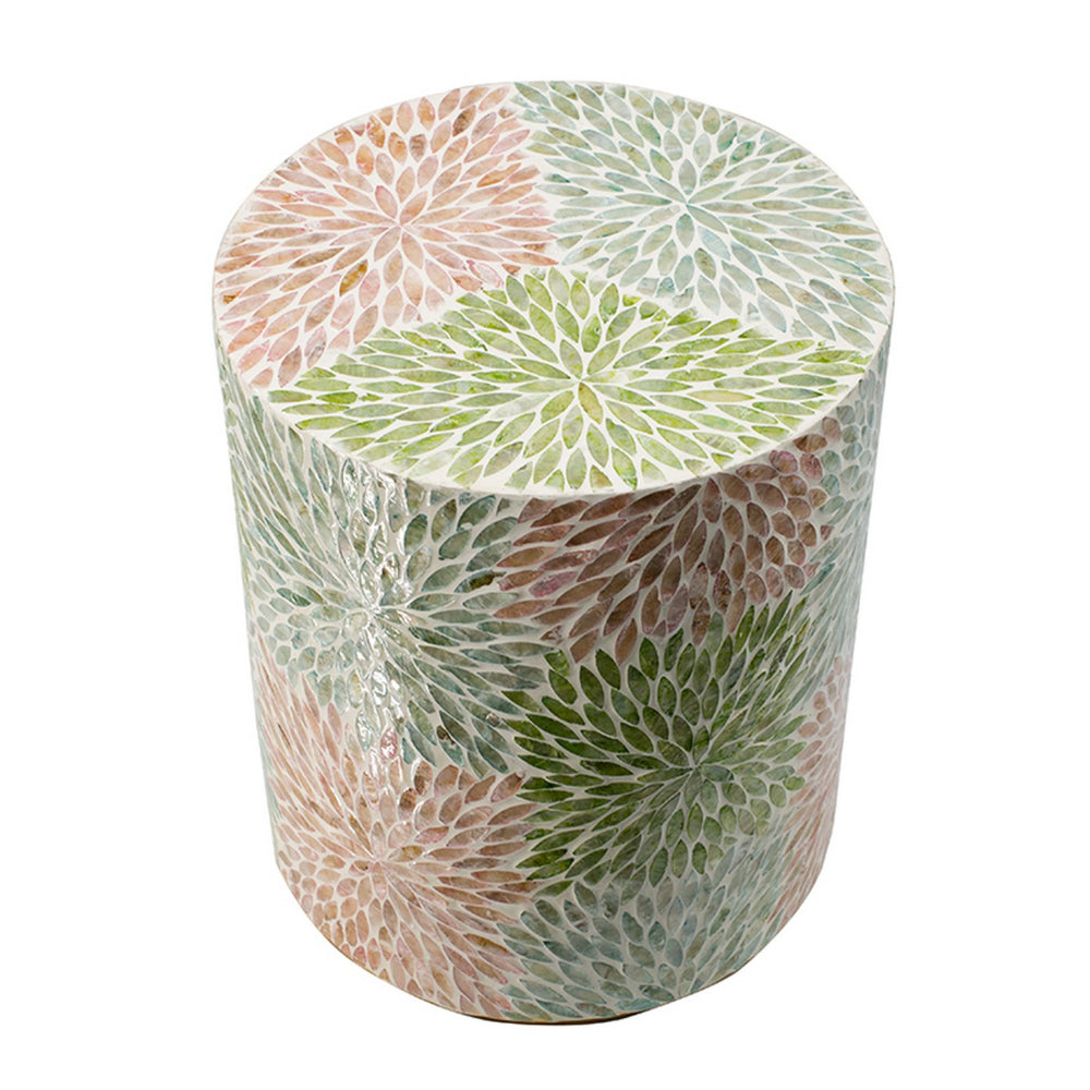 Benjara 14 Inch Cylindrical Capiz Shell Accent Table Stool, Elegant Leaves Pattern