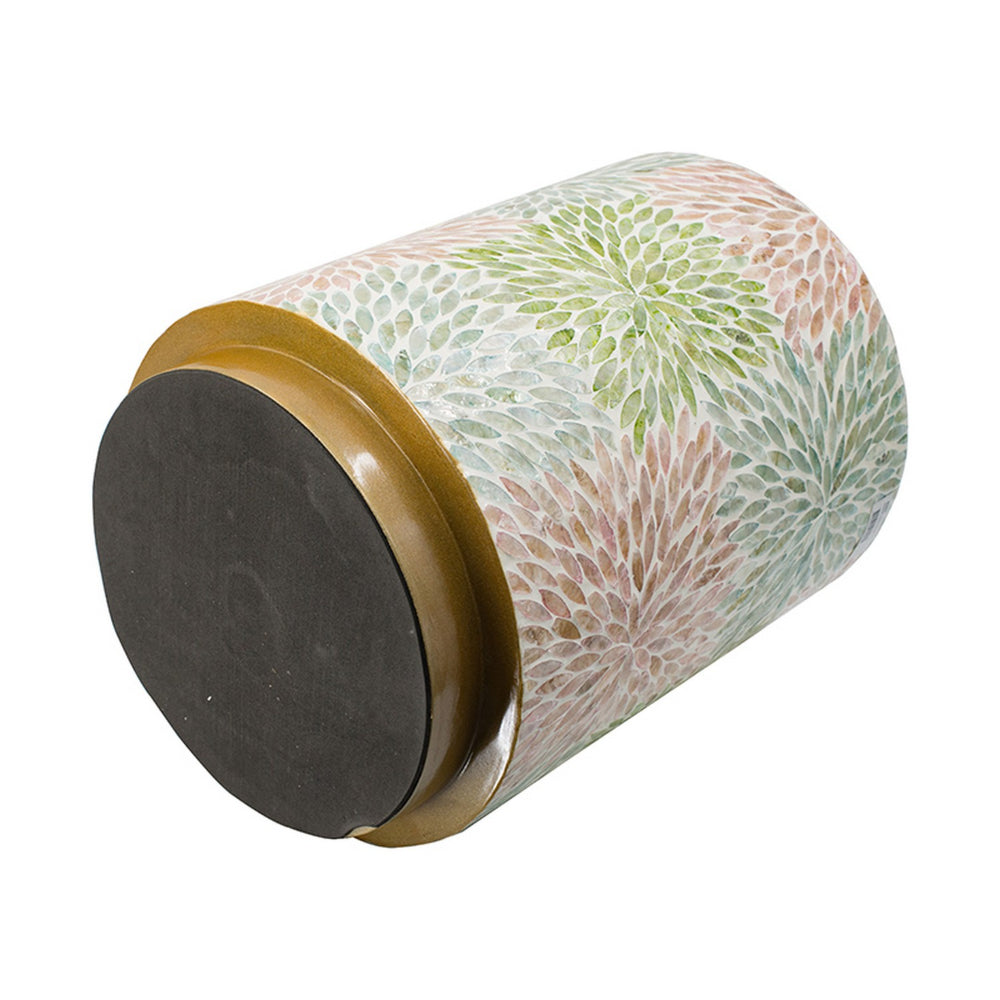 Benjara 14 Inch Cylindrical Capiz Shell Accent Table Stool, Elegant Leaves Pattern