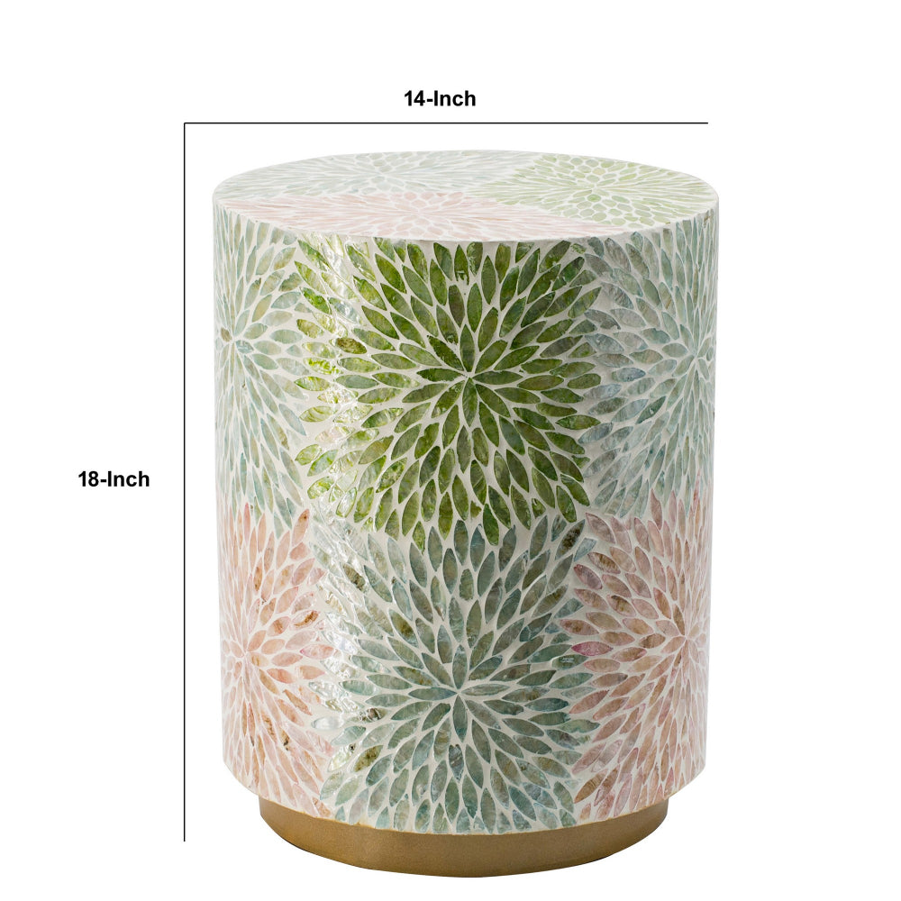 Benjara 14 Inch Cylindrical Capiz Shell Accent Table Stool, Elegant Leaves Pattern