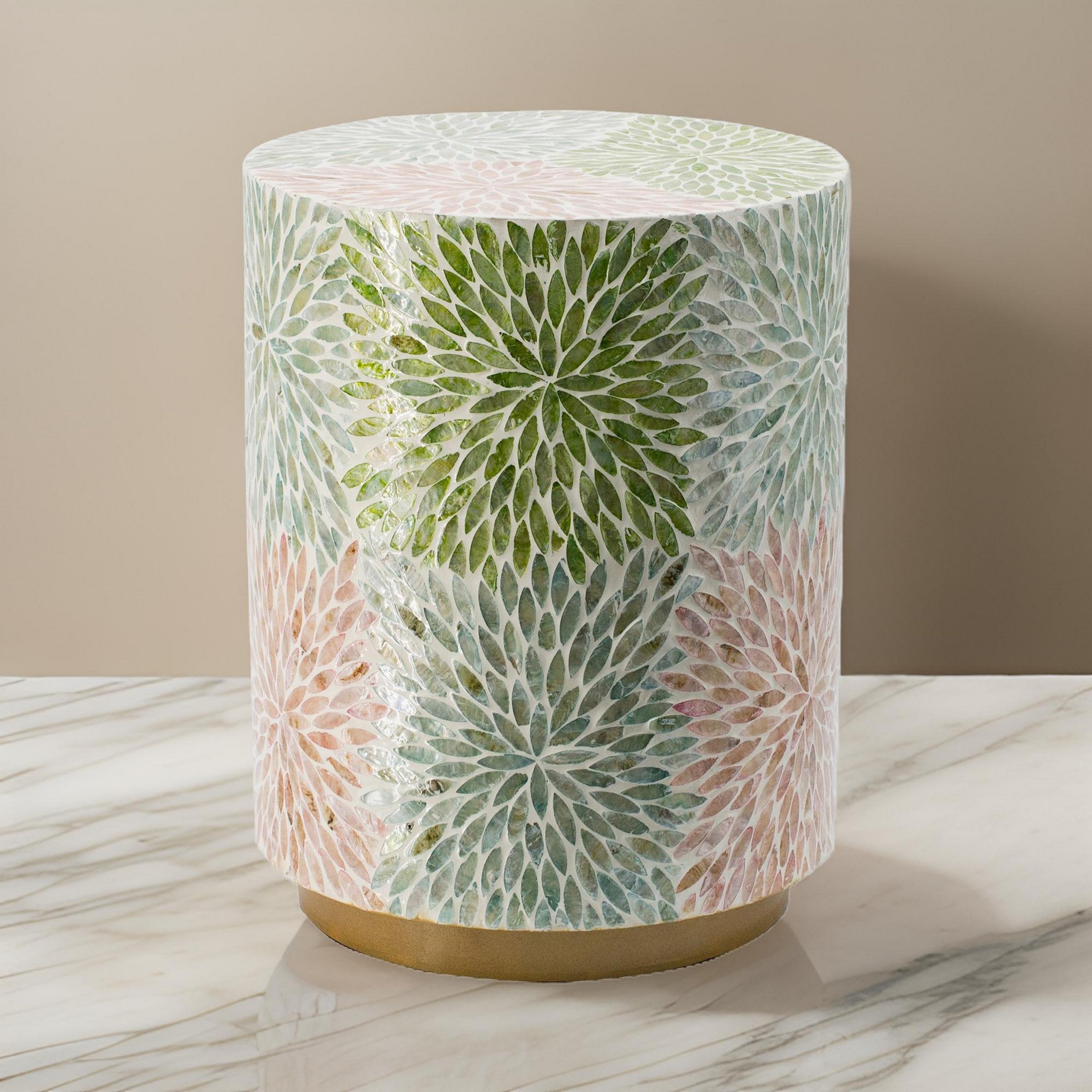 Benjara 14 Inch Cylindrical Capiz Shell Accent Table Stool, Elegant Leaves Pattern