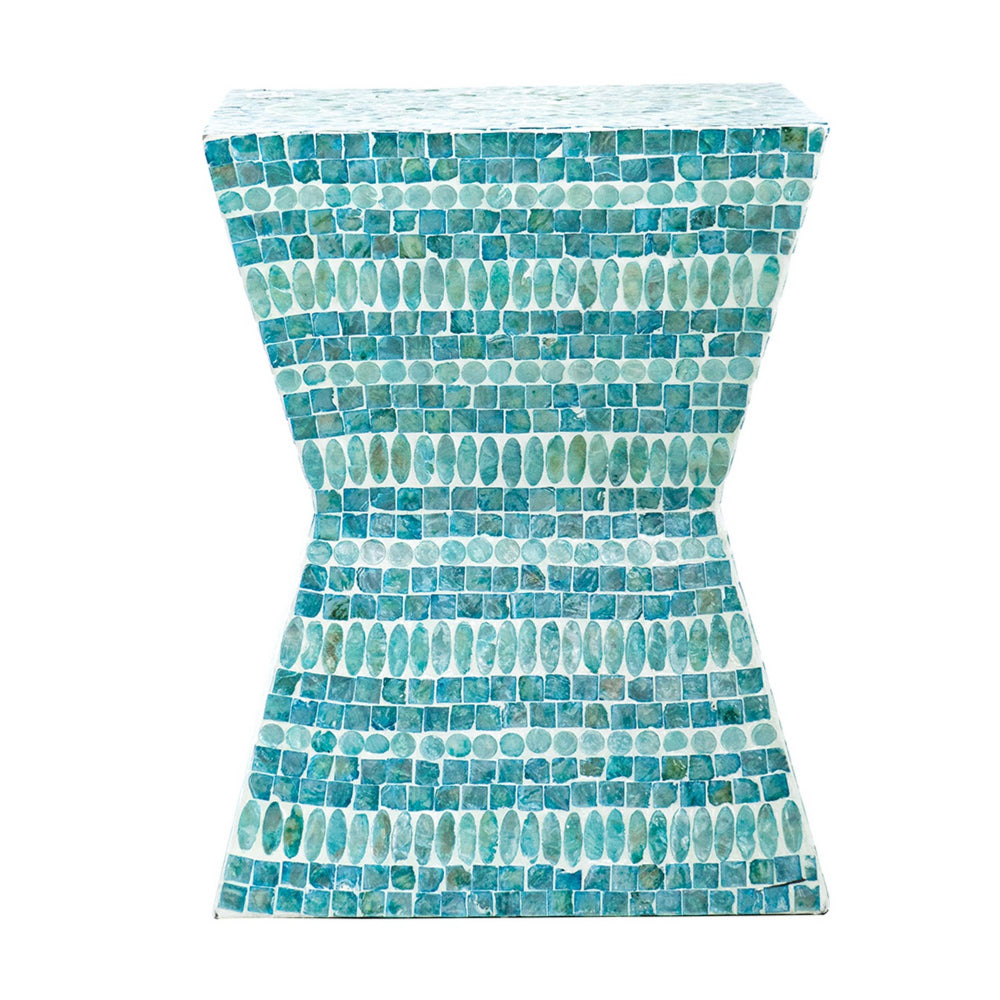 Benjara 14 Inch Capiz Accent Table Stool, Blue Mosaic Geometric Hourglass Shape